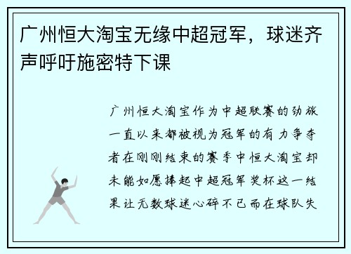 广州恒大淘宝无缘中超冠军，球迷齐声呼吁施密特下课